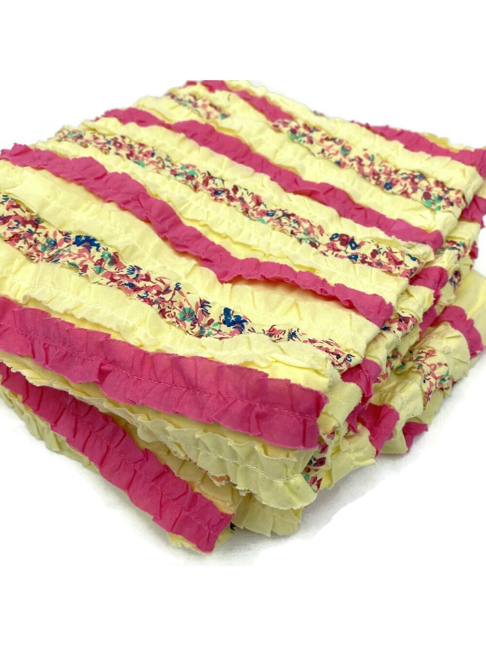 2 Yards Yellow Pink Floral Ruffled Garlands Cotton Fabric Shabby Boho Country